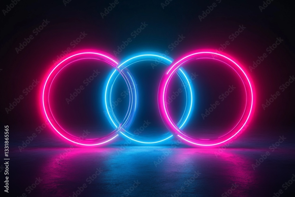 Poster Neon circles illuminated in a dark space creating a striking visual effect for artistic display
