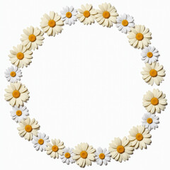 A circular arrangement of delicate daisies, featuring white petals with yellow centers, creating a fresh and cheerful border on a blank background.