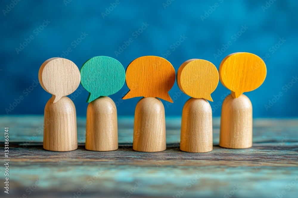 Poster wooden figurines with colorful speech bubbles represent communication and conversation among diverse
