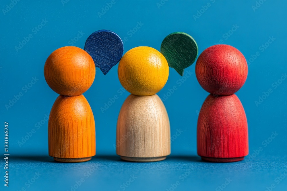 Poster Colorful wooden figures representing communication and interaction on a blue background during a bright afternoon