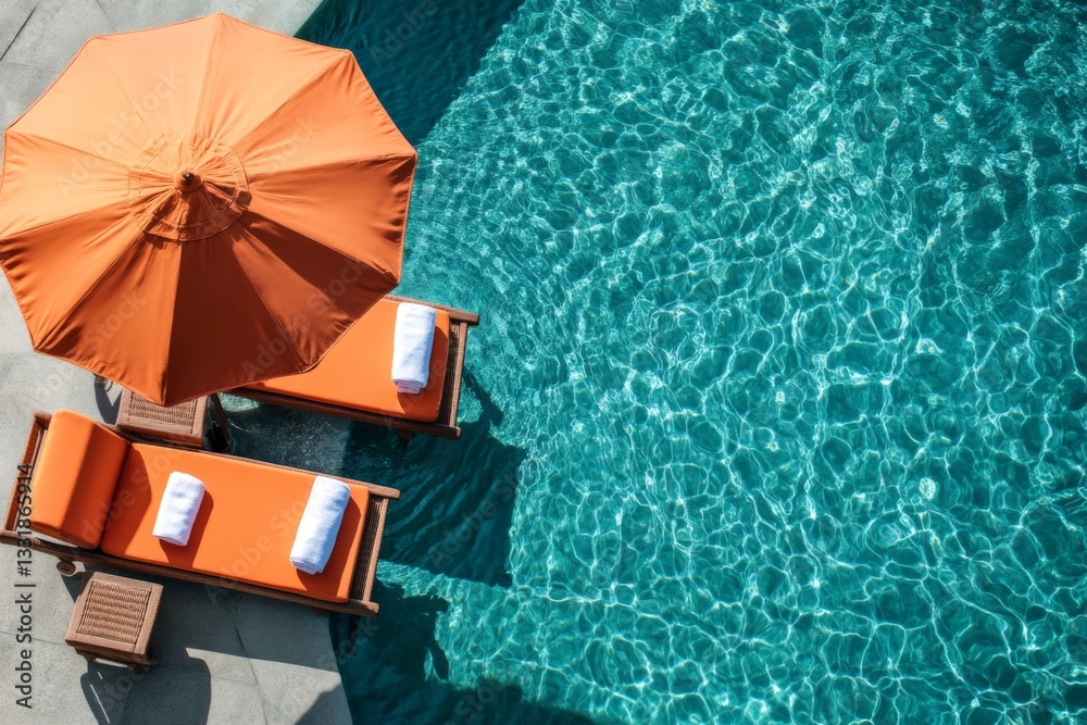 Poster relaxing afternoon by the sparkling pool with orange loungers and umbrella in a sunny environment