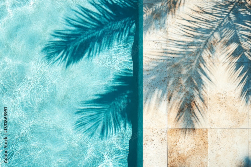 Poster relaxing by the pool with palm tree shadows on cool blue water during a sunny day