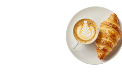 Indulge in a delightful coffee and croissant experience, capturing the essence of a cozy caf moment with perfectly brewed coffee and a flaky, buttery croissant on a white plate.