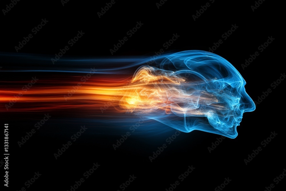Poster creative representation of a human head in fast motion with vibrant colors on a dark background