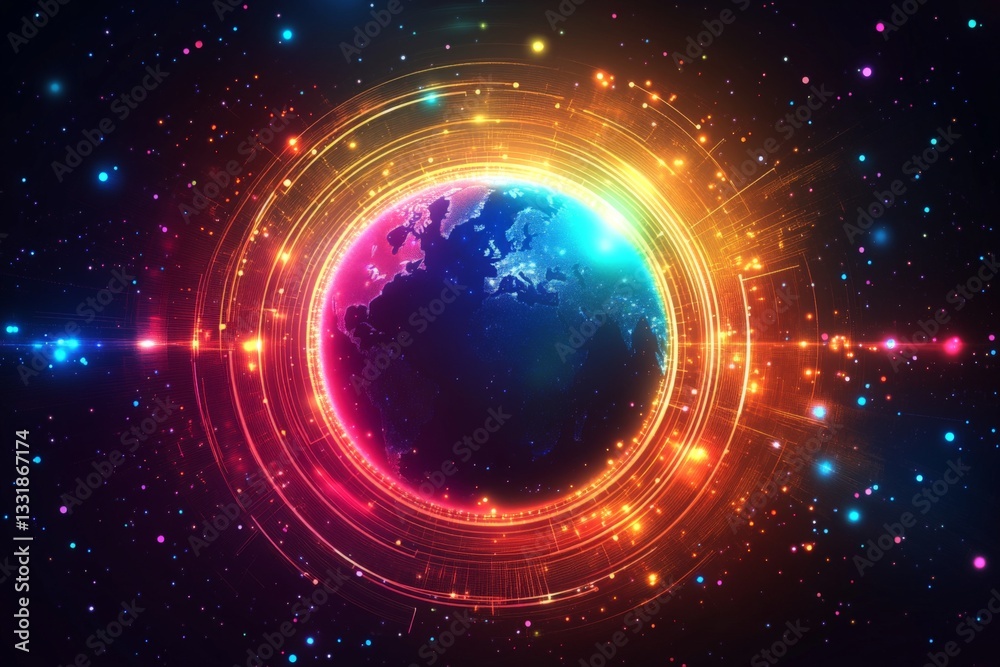 Aufkleber vibrant digital representation of earth surrounded by colorful cosmic elements in a starry universe