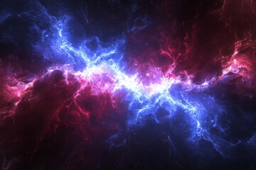 Vivid cosmic landscape featuring swirling blue and red nebulae in deep space at the boundary of galaxies