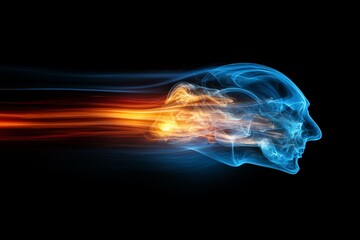 Creative representation of a human head in fast motion with vibrant colors on a dark background