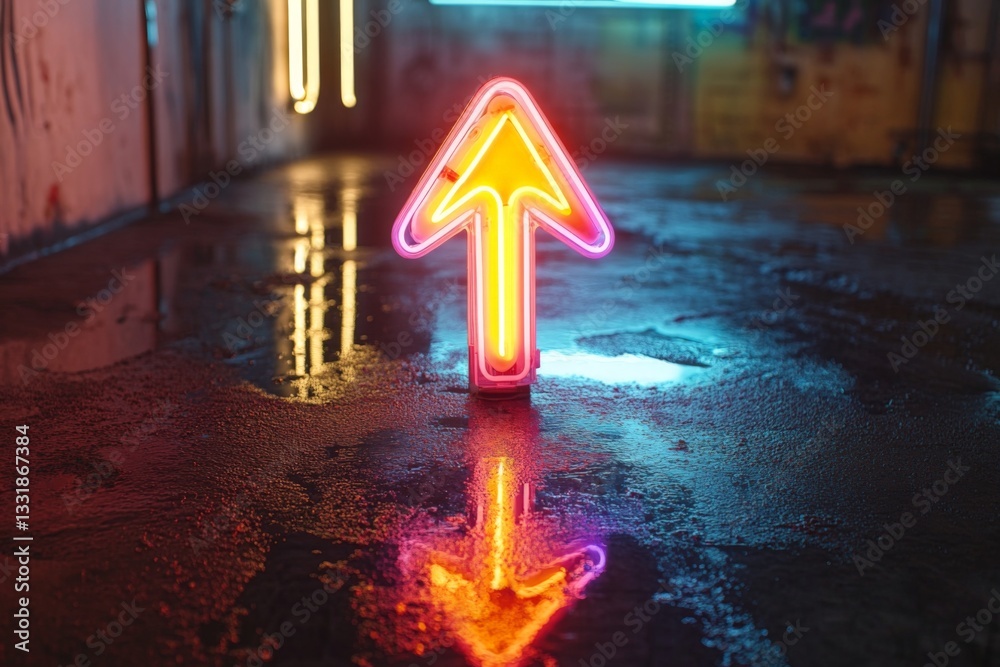 Poster Neon arrow sign illuminated on wet ground creates vibrant reflection in urban setting during nighttime