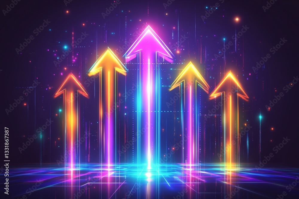 Aufkleber colorful neon arrows pointing upwards against a dark background in a digital art representation of g