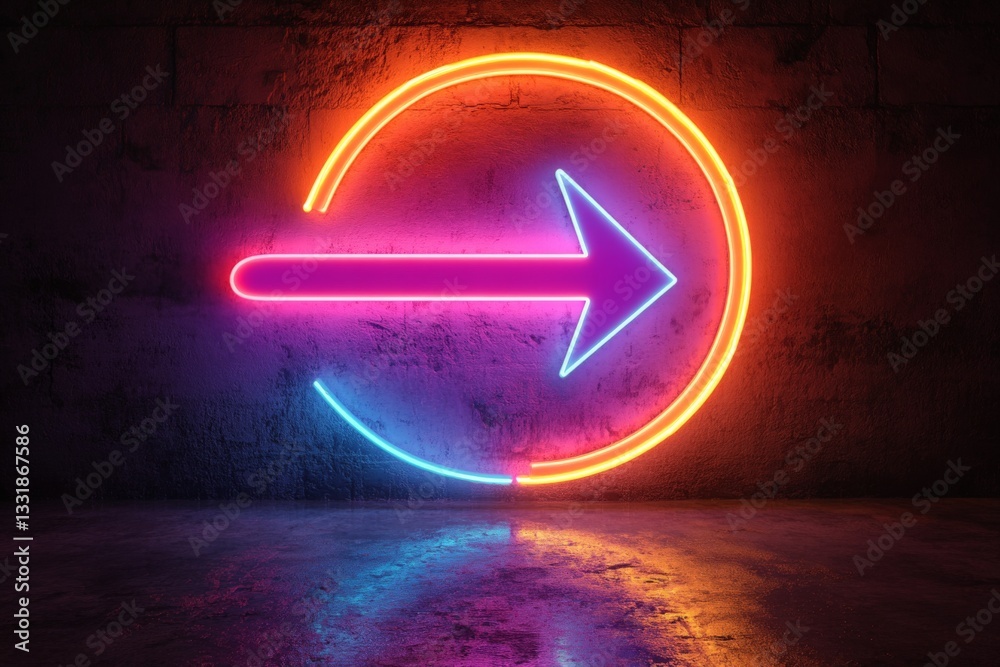 Fototapete Colorful neon arrow and circular design create a vibrant atmosphere in a dimly lit space for creative expression