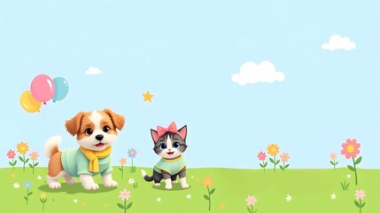 Naklejka premium AI-generated cute cartoon puppy and kitten in a colorful meadow with balloons and flowers