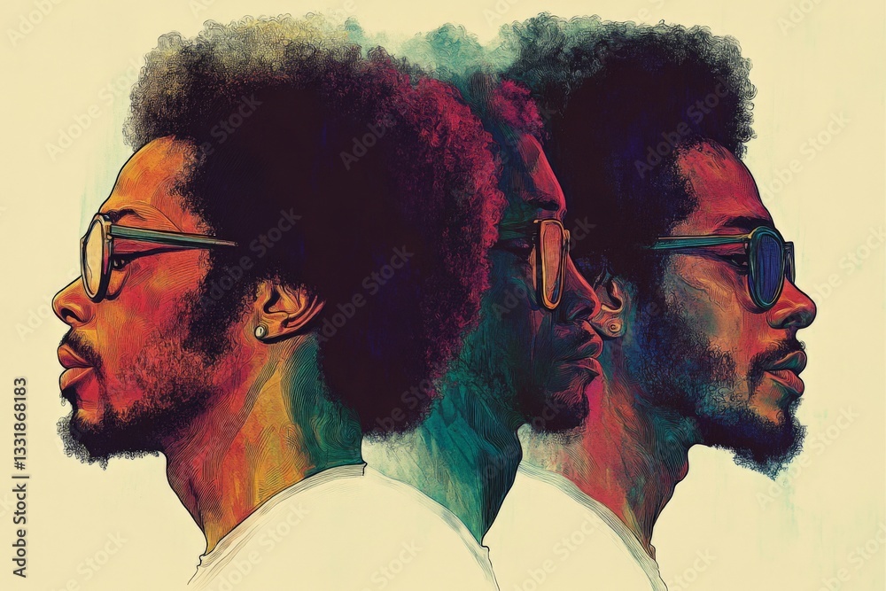 Poster portrait of three profiles showcasing vibrant colors and distinct expressions of a man with an afro 