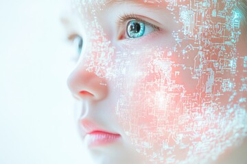 A child's face overlaid with a futuristic circuit board design, symbolizing technological integration with humanity.