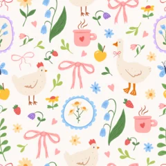 Cute vector seamless pattern with hand drawn flowers, bows, goose, chicken, leaves and herbs, strawberry. Cottagecore style. Spring and summer cozy background. Gardening and country lifestyle.