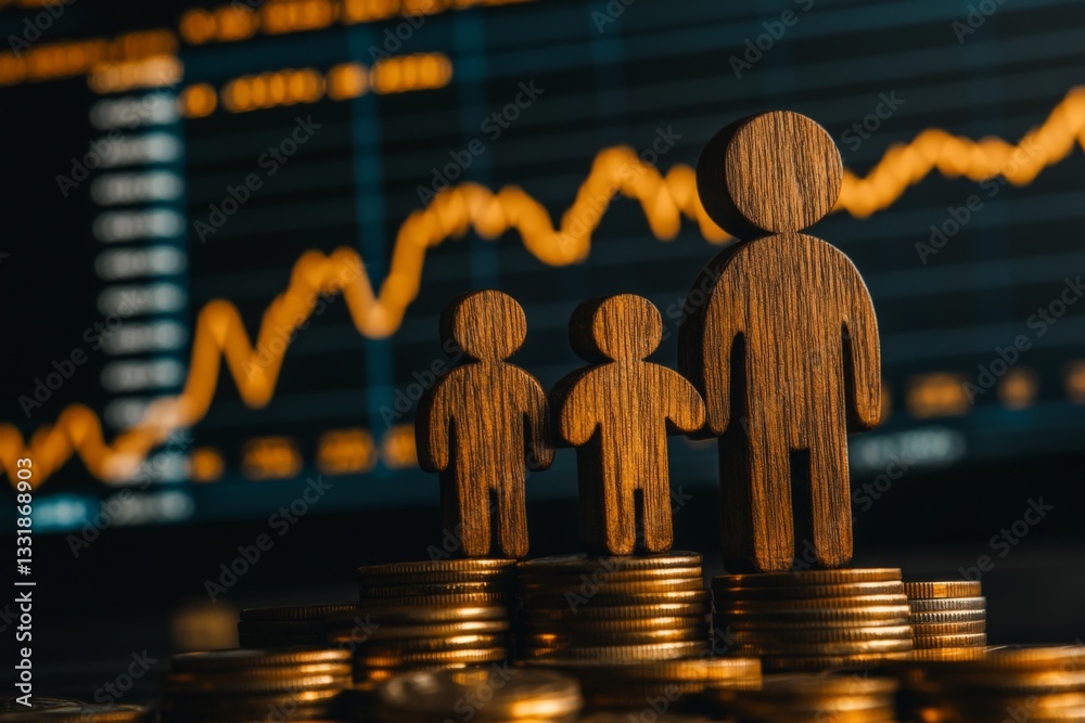 Poster growth in investments represented by wooden figures standing on coins with a rising graph in the bac