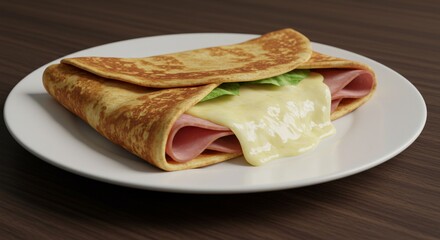 Delicious ham and cheese crepe with melted cheese and lettuce eat egg food cafe menu high meal milk
