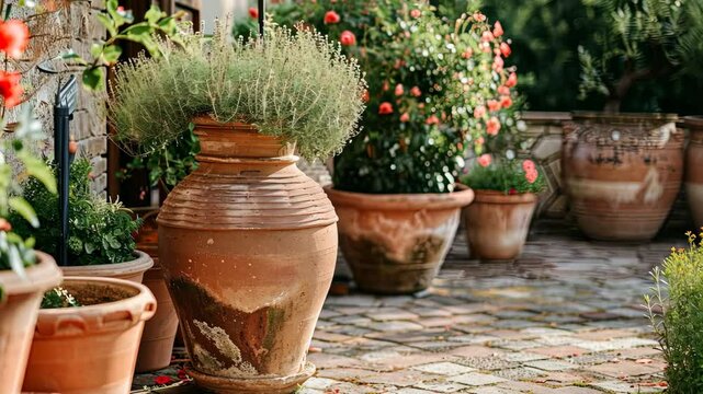 Explore a vibrant garden showcasing terracotta pots, lush greenery, and colorful flowers under a bright sky