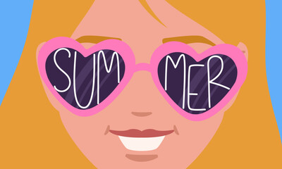 Blonde woman wearing heart-shaped sunglasses with summer lettering smiling and enjoying summer vacation