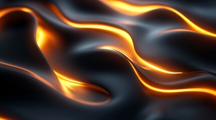 Abstract fluid black material with shining golden highlights and smooth curves