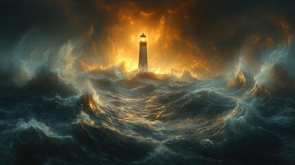 Fototapeta premium A serene lighthouse standing tall amidst dramatic stormy waves, illuminating the dark ocean with a warm glow.