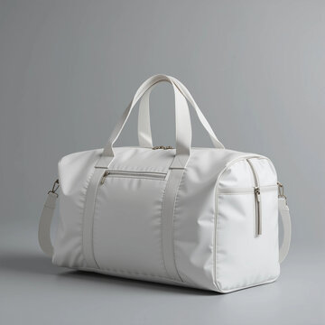 Modern white duffle bag mockup on gray background &ndash; minimalist travel & gym bag