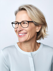 Fototapeta premium Mature woman smiles joyfully while wearing glasses in a light-colored blouse against a soft background during a sunny afternoon.