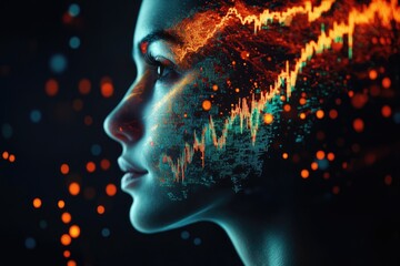 A woman's face merges with a vibrant data visualization, symbolizing technological integration and the fusion of humanity and artificial intelligence.