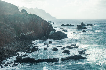 Dramatic Coastal Landscape of Tenerife, Spain – Ocean Waves and Rugged Mountains