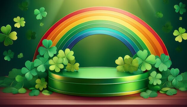 Rundes Podium zum St. Patrick's Day mit gr&uuml;nen Kleebl&auml;ttern und Regenbogenhintergrund f&uuml;r Produktpr&auml;sentation.