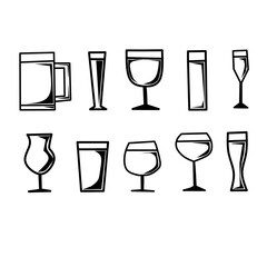 Various glass vector line art hand drawn illustration collection set
