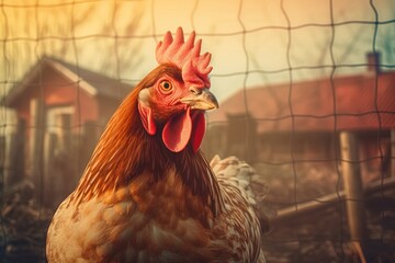 close up of a brown hen walking in the backyard of a ranch with a fence and barn on blurred background and sunset or dawn lighting