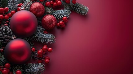 Festive Christmas ornaments on deep red background