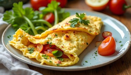 A delicious omelet filled with vegetables, garnished with fresh herbs, served on a plate with cherry tomatoes and greens.