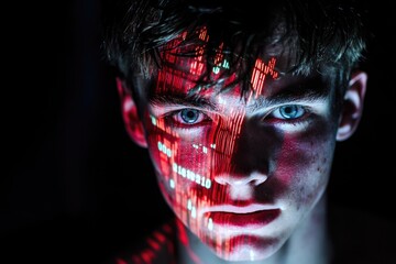 A young man's face is illuminated with red binary code, creating a futuristic, digital aesthetic.