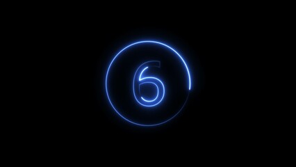6 seconds countdown neon bright royal blue color 4k illustration on black background. loading royal blue color 4k illustration. 