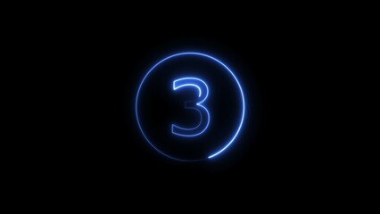 3 seconds countdown neon bright royal blue color 4k illustration on black background. loading royal blue color 4k illustration. 