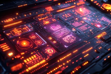 Obraz premium Futuristic Circuit Board Interface with Neon Lighting