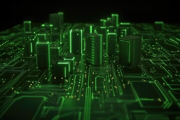 Digital cityscape illuminated by neon green lights, merging tech