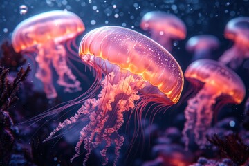 Naklejka premium Glow jellyfish underwater, coral reef background