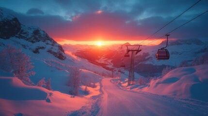 Snowy mountain sunset ski lift, alpine valley