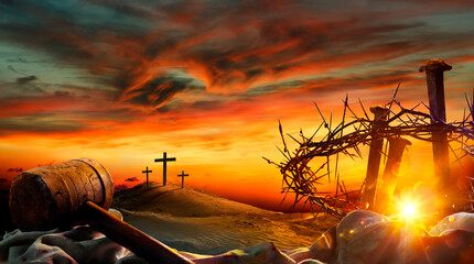 Crucifixion Calvary - Crown Of Thorns And Spikes At Sunset With Crosses On Hill - Sunlight Effects