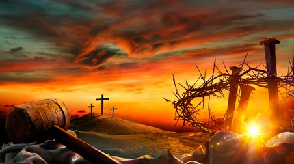 Gardinen Crucifixion Calvary - Crown Of Thorns And Spikes At Sunset With Crosses On Hill - Sunlight Effects © Romolo Tavani