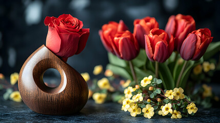 Obraz premium Red roses and tulips in artistic wooden vase