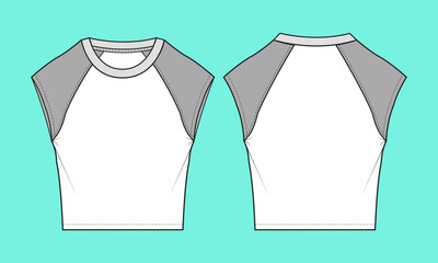 Fototapeta premium Ladies Crew neck raglan crop T-shirt flat sketch CAD mockup.