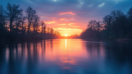 Scenic river sunset, tranquil trees, colorful sky, calm water