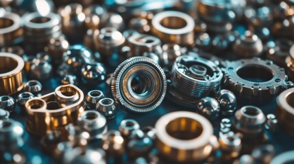 A close-up of intricate ball bearings and industrial components on a cool-toned backdrop