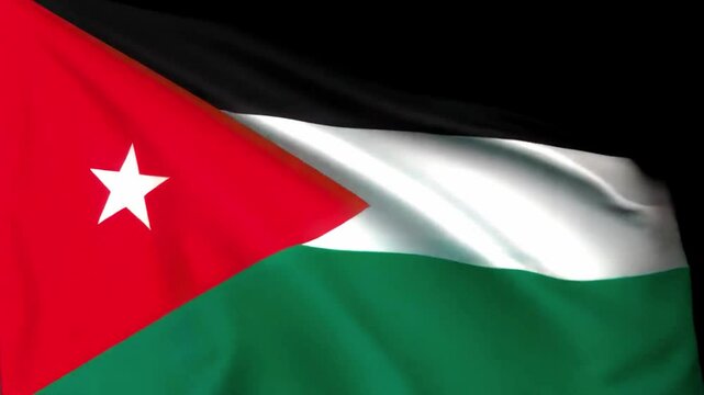 High-quality 4K slow-motion video of the Jordanian flag waving against a black background. The bold black, white, and green stripes, along with the red triangle and seven-pointed white star, ripple dy
