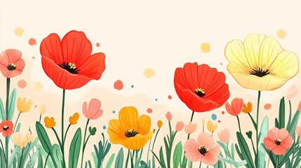 Fototapeta premium Watercolor Wildflowers on Cream Background, Botanical Illustration, Dreamy Floral Design Element