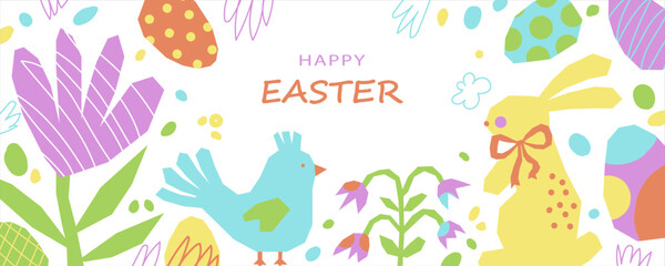 Happy Easter horizontal banner on white background. Cut out chickens, bunny, flowers,Easter eggs and abstract elements. Pastel colors. Cute vector illustration in minimalist style.