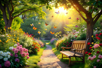 Obraz premium Wooden bench in a peaceful park garden surrounded by trees, grass, flowers, and nature, perfect for relaxation on a sunny day